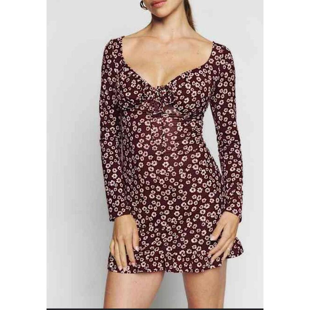 Reformation Anjeline Floral Long Sleeve Mini Dress Cyprus Cherry Size M NEW